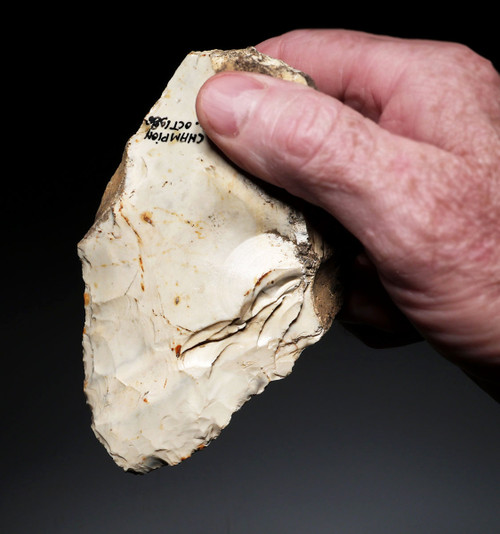 SPECTACULAR IVORY WHITE PREHISTORIC FLINT HOMO HEIDELBERGENSIS ACHEULEAN HAND AXE FROM LOWER PALEOLITHIC BELGIUM  *ACH500