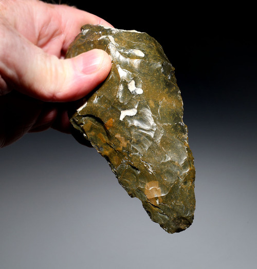 EXCEPTIONAL OLIVE BROWN FLINT HOMO ERECTUS PREHISTORIC ACHEULEAN BIFACE HAND AXE FROM FRANCE  *ACH499