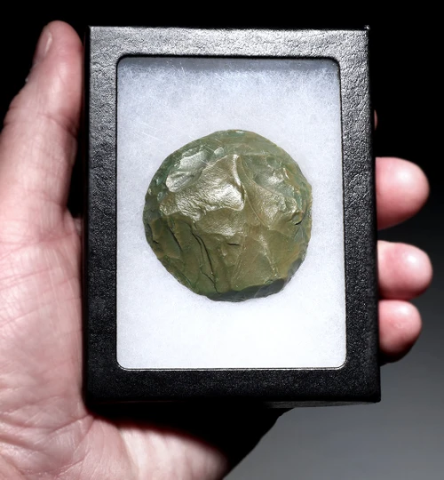 SUPERB TENERIAN AFRICAN NEOLITHIC ROBUST GREEN JASPER DISCOIDAL SCRAPER FROM THE PEOPLE OF THE GREEN SAHARA  *CAP495