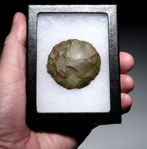 TWO-TONE TENERIAN AFRICAN NEOLITHIC GREEN JASPER DISCOIDAL SCRAPER FROM THE PEOPLE OF THE GREEN SAHARA  *CAP492