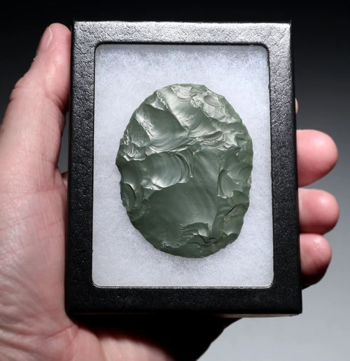 REMARKABLY THIN TENERIAN AFRICAN NEOLITHIC GREEN JASPER OVATE DISCOIDAL SCRAPER FROM THE PEOPLE OF THE GREEN SAHARA  *CAP495