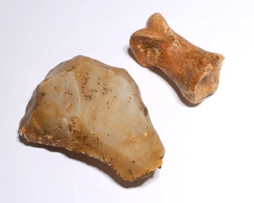 SUPERB CRO MAGNON AURIGNACIAN UPPER PALEOLITHIC FLINT RABOT PLANER FLAKE TOOL WITH BUTCHERED MEGAFAUNA FOSSIL BONE FROM FAMOUS LA GANE SITE IN FRANCE  *UP094