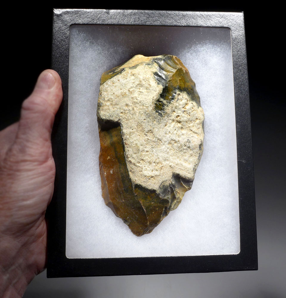 LARGE COLORFUL HOMO HEIDELBERGENSIS ACHEULEAN HAND AXE OF TABULAR