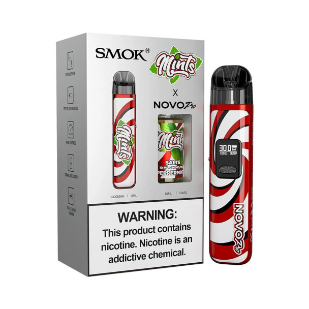 SMOK NOVO PRO 1300mAh Pod System Starter Kit + (2) Refillable 3ML NOVO Pod +  Mints Salt 10ml 50mg