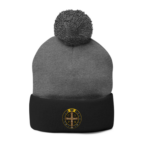Embroidered Pom-Pom Knit Cap — St. Benedict Wear your Prayer
