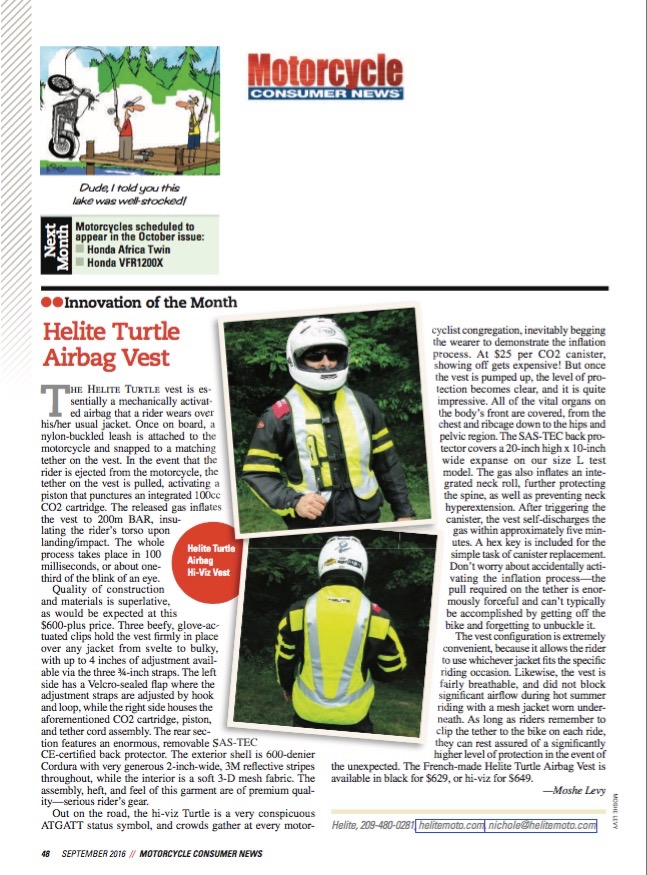 Thank you Motorcycle Consumer News for reviewing the Helite Turtle Vest