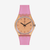 Vista frontal del Reloj Swatch Coral Dreams con caja transparente naranja y correa rosa - SO28O401