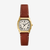 Vista frontal del Reloj Fossil Harlow con caja dorada, esfera blanca y correa de piel marrón - ES5364