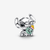 Vista frontal del Charm Pandora Stitch y Scrump de Disney en plata de ley y color verde - 794554C01