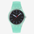 Vista frontal del Reloj Swatch Hint of Mint con esfera negra y brazalete de silicona verde - SO29L103