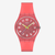 Vista frontal del Reloj Swatch Wavelengths of Coral con esfera rosa y correa de silicona - SO28P114