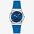 Vista frontal del Reloj Swatch Blue Petal Promise con correa de piel azul y esfera azul - YLS235