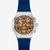 Vista frontal del Reloj Swatch Sidereal Glow con brazalete de goma azul y esfera marrón - YVS534