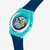 Vista lateral del Reloj Swatch If Not Now, When? con caja turquesa y detalles de la esfera azul - SO28L400
