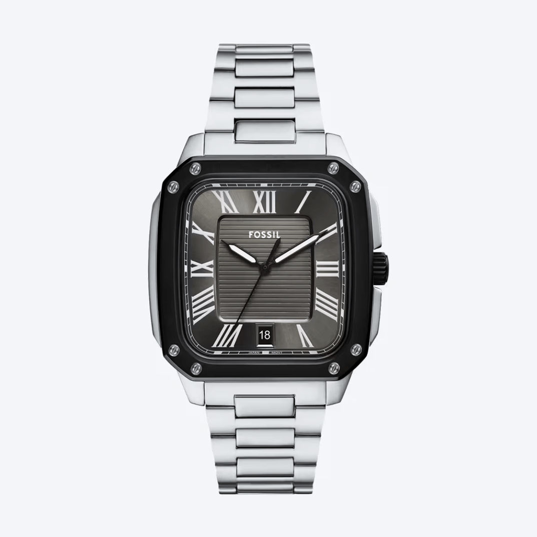 Reloj Fossil Crosby de acero inoxidable con tres agujas y fecha, esfera negra