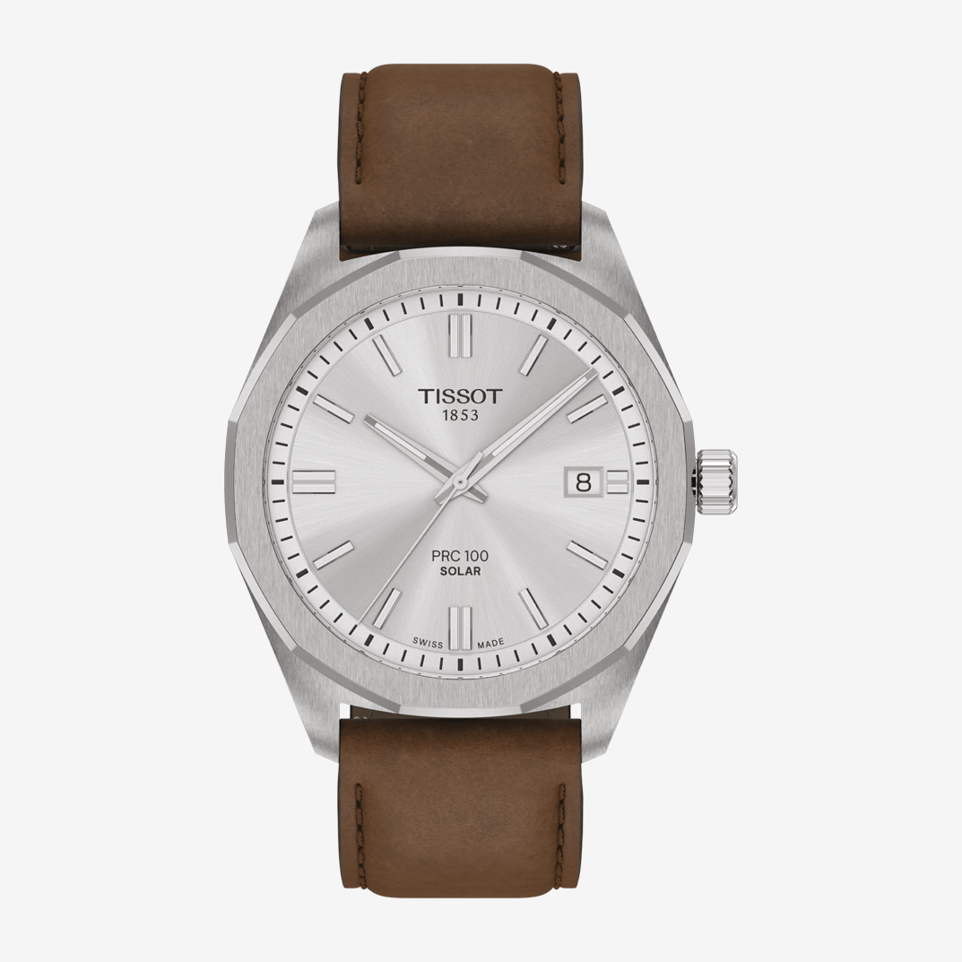 Reloj Tissot PRC 100 Solar Quartz 39mm Correa Marrón y Esfera Plateada