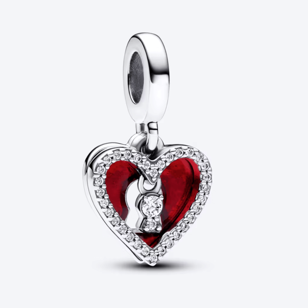 Charm Colgante Pandora Doble Corazón Rojo y Cerradura