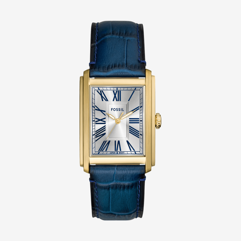 Reloj Fossil Carraway de piel de cocodrilo en tono azul marino con tres agujas