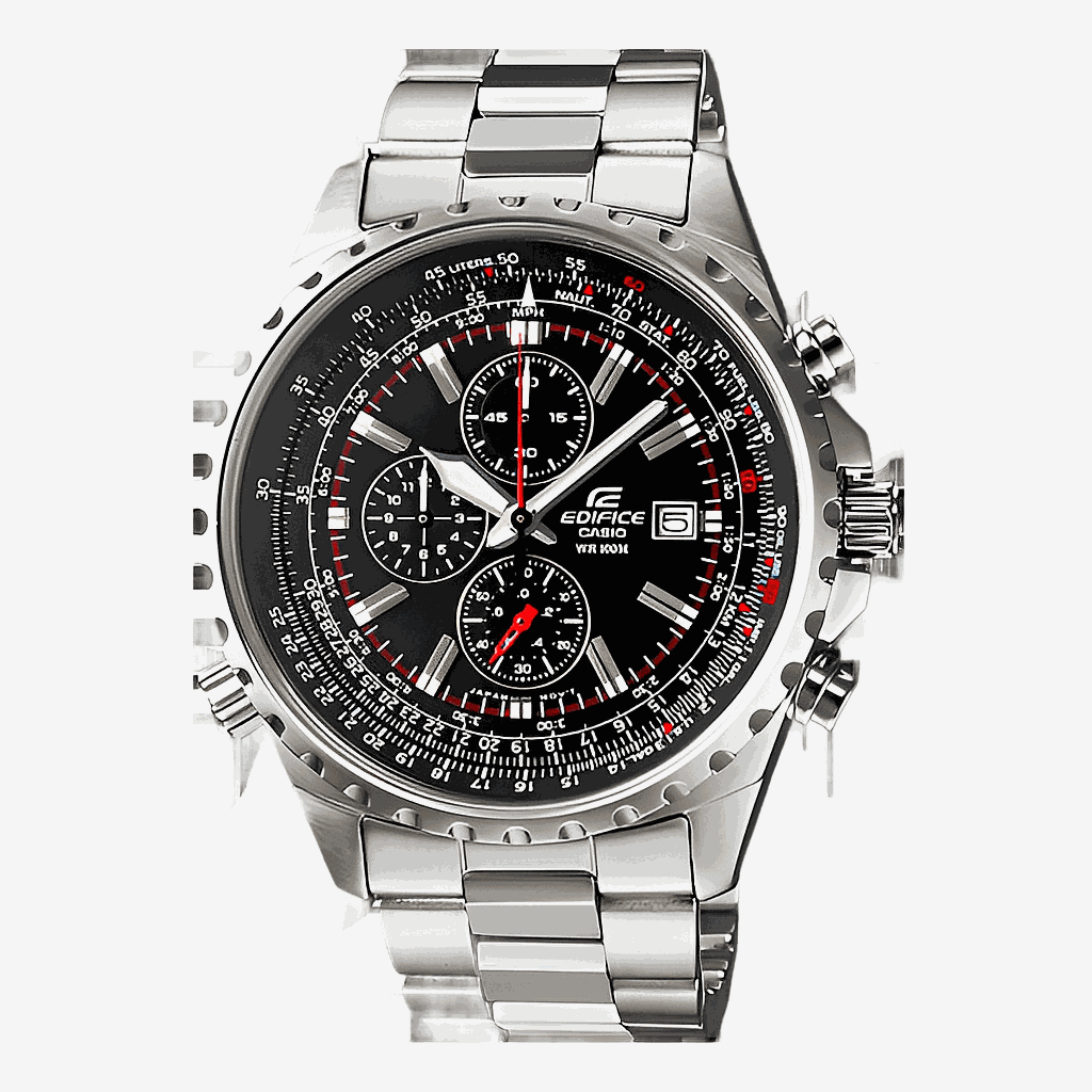 Reloj Casio Edifice Crono Acero Plateado Esfera Negra Bisel Decorativo