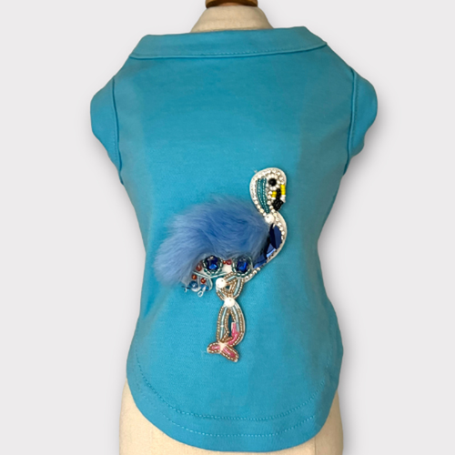 Beaded Fur and Rhinestone Flamingo- Dog Shirt Small