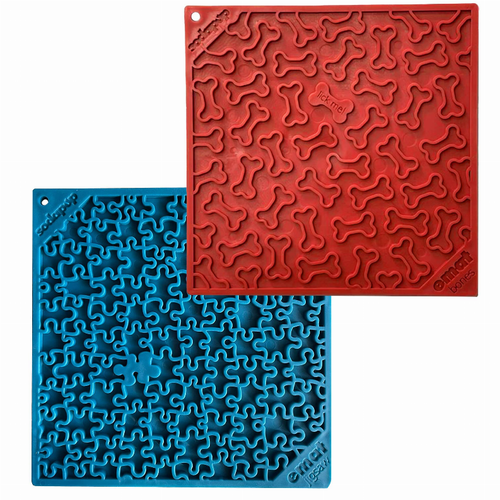 Large Bluee Jigsaw & Large Red Bones EMat Lick Mat Bundle Pet Bowl