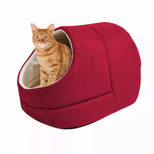 GOOPAWS Cat Cave for Cat and Warming Burrow Cat Bed, Pet Hideway Sleeping Cuddle Cave 18" x14" x12" Burgundy