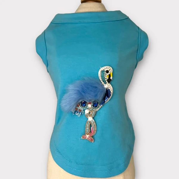 Beaded Fur and Rhinestone Flamingo- Dog Shirt Small