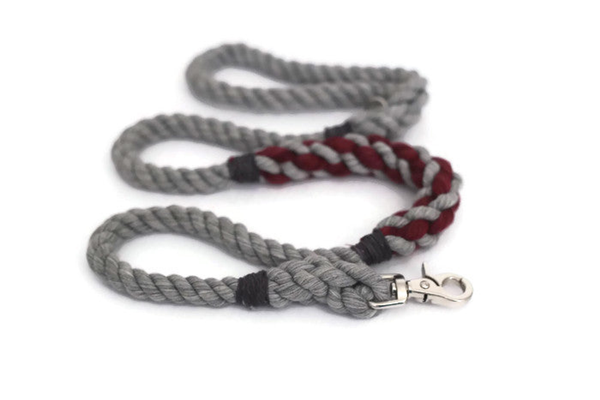 Rope Dog Leash Traffic Lead (2 ft) Grey and Burgundy