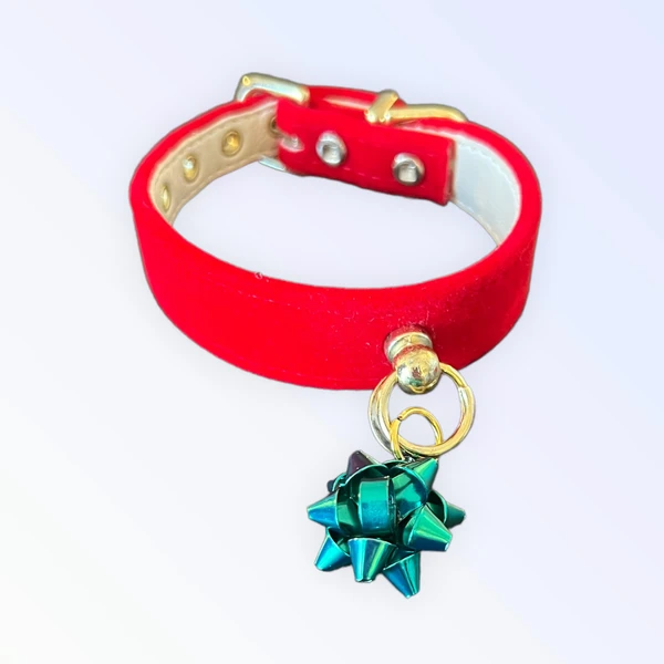 Velvet Gift Wrap Bow Collar 14" GREEN BOW