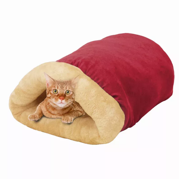 GOOPAWS 4 in 1 Self Warming Burrow Cat Bed, Pet Hideway Sleeping Cuddle Cave 22" x14" x10" Burgundy