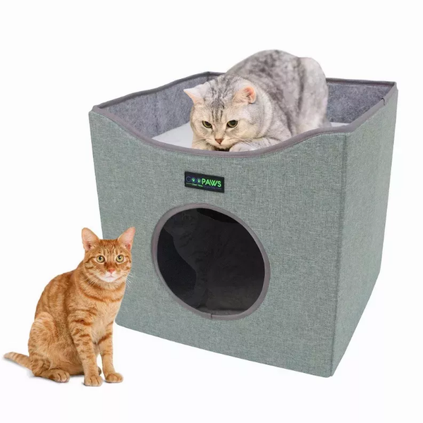 JESPET Foldable Cat Condo, Cat Cube House & Sleepping Bed with Lying Surface and 2 Reversible Cushions, Cat Hiding Place, Cat Cave, Linenette Fabric, Felt and Engineered Wood, Scratch Resista 15.4" x15.4" x15" Sage Green