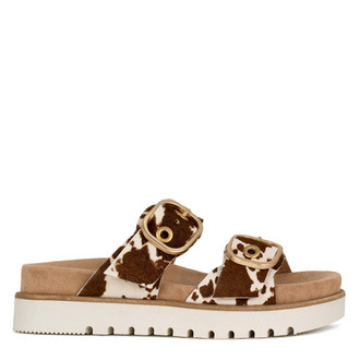 Women's Double-Strap Brown Cowprint Sandals GQ 5114915 BRW
