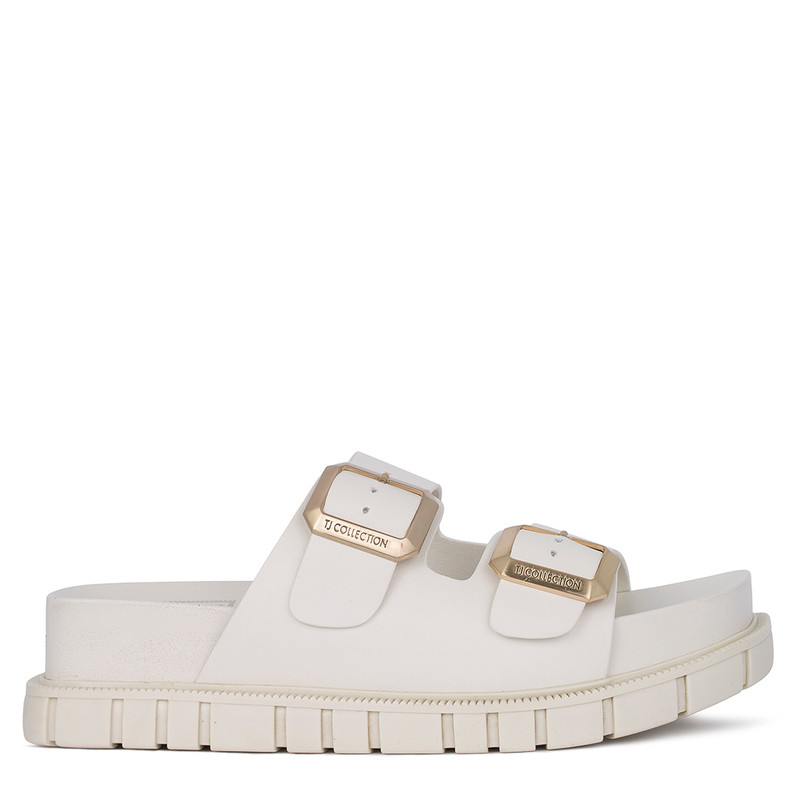 white platform buckle sandals