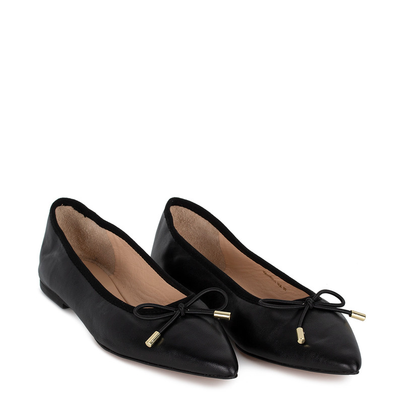 Women's Pointed Toe Black Leather Ballet Flats GQ 5205914 BLK