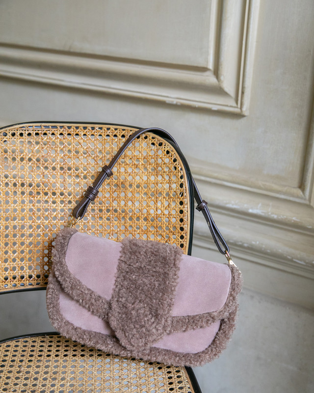 Women's Beige Suede Bag Cortina with Sheepskin Trim YB 5232034 TPB