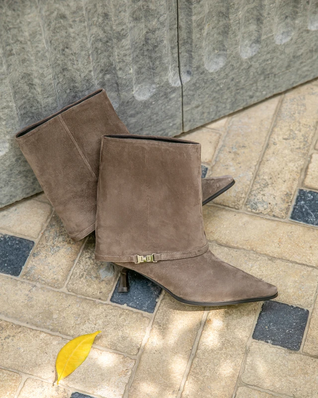 Women's Beige Suede Mid-Calf Boots with Foldover Cuff GG 5348816 TPS