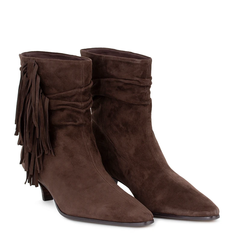 Women's Dark Brown Suede Ankle Boots with Fringe GQ 5345916 BRS