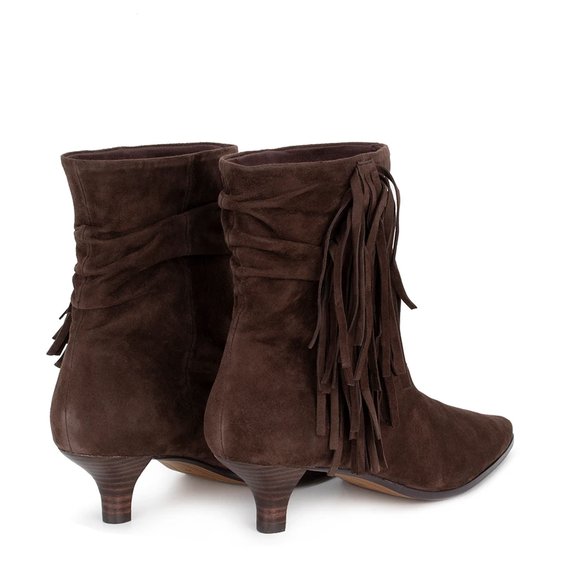 Women's Dark Brown Suede Ankle Boots with Fringe GQ 5345916 BRS