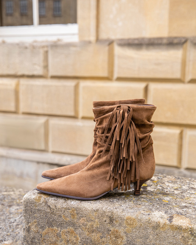 Women's Golden Brown Suede Ankle Boots with Fringe GQ 5345916 KHS