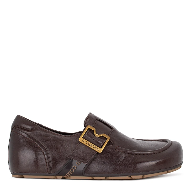Women's Brown Leather Loafers with Buckle GS 5215816 DBR
