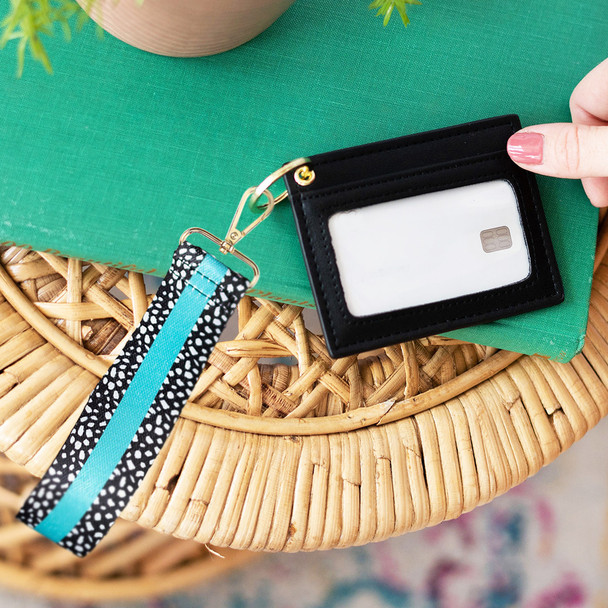 Black Wallet with Aqua Dot Wristlet Strap