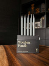 A pack of five woodless graphite pencils designed to create fine lines, subtle shading, and broad strokes from the same pencil, all with a tilt of your wrist.