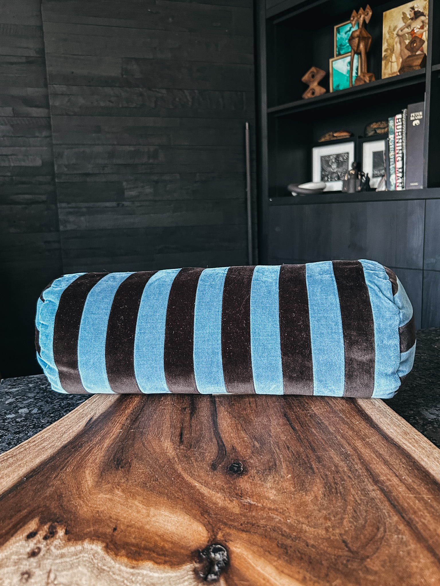 A striped bolster pillow by Christina Lundsteen. Handmade in Europe with 100% cotton velvet.