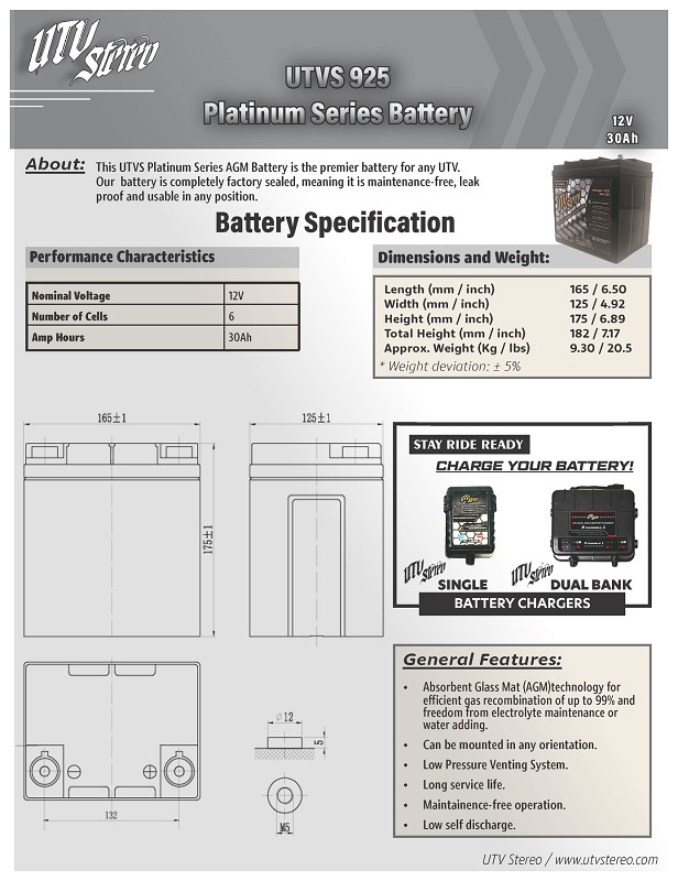 Polaris RZR Platinum Series AGM 925 Battery by UTV Stereo UTVS925