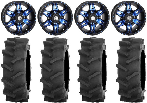 Polaris RZR Hd7 14" Blue/Black Wheels 28" R4 Tires by STI Powersport