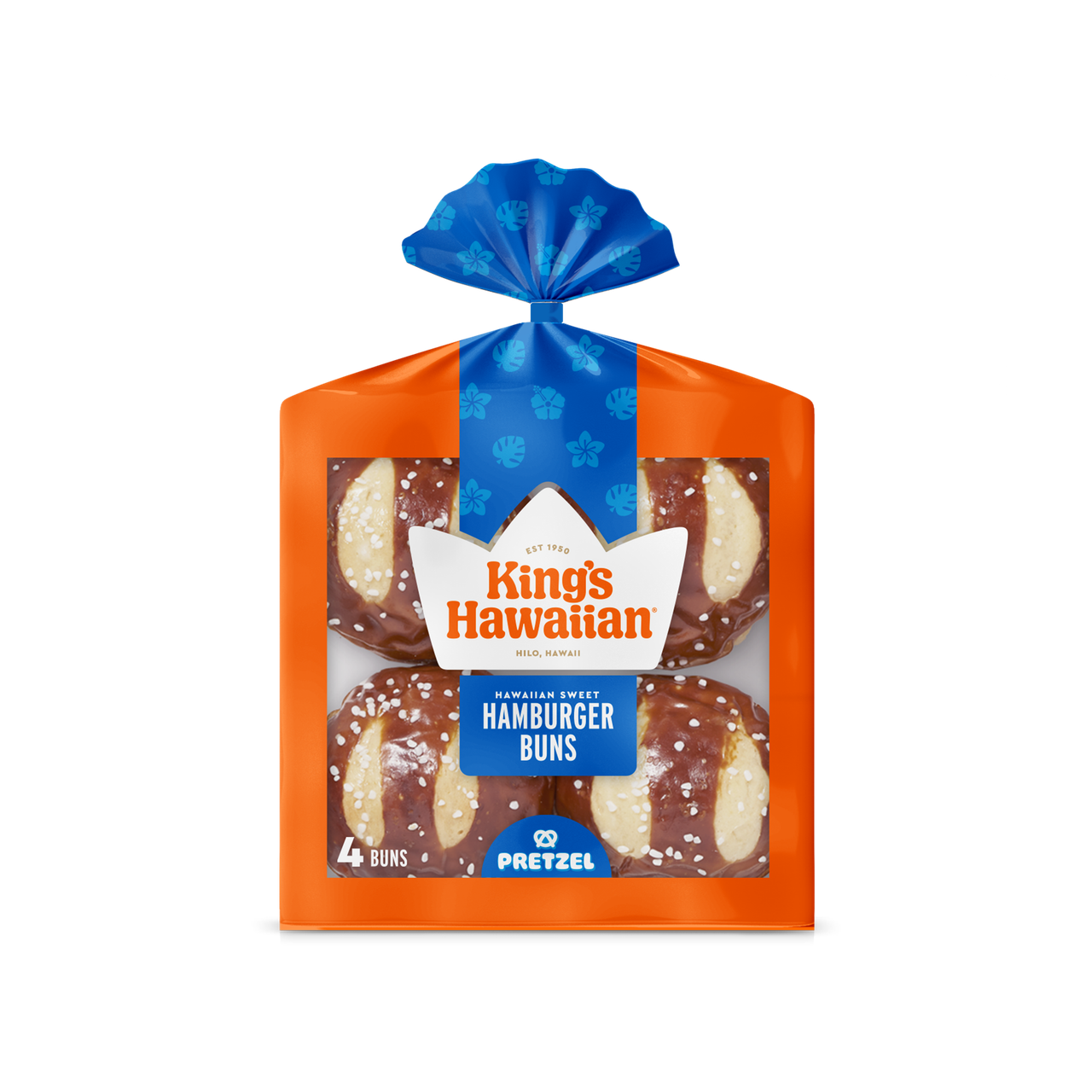 Single Package of King's hawaiian Original Hawaiian Sweet Pretzel Hamburger Buns, 4 Buns on white background