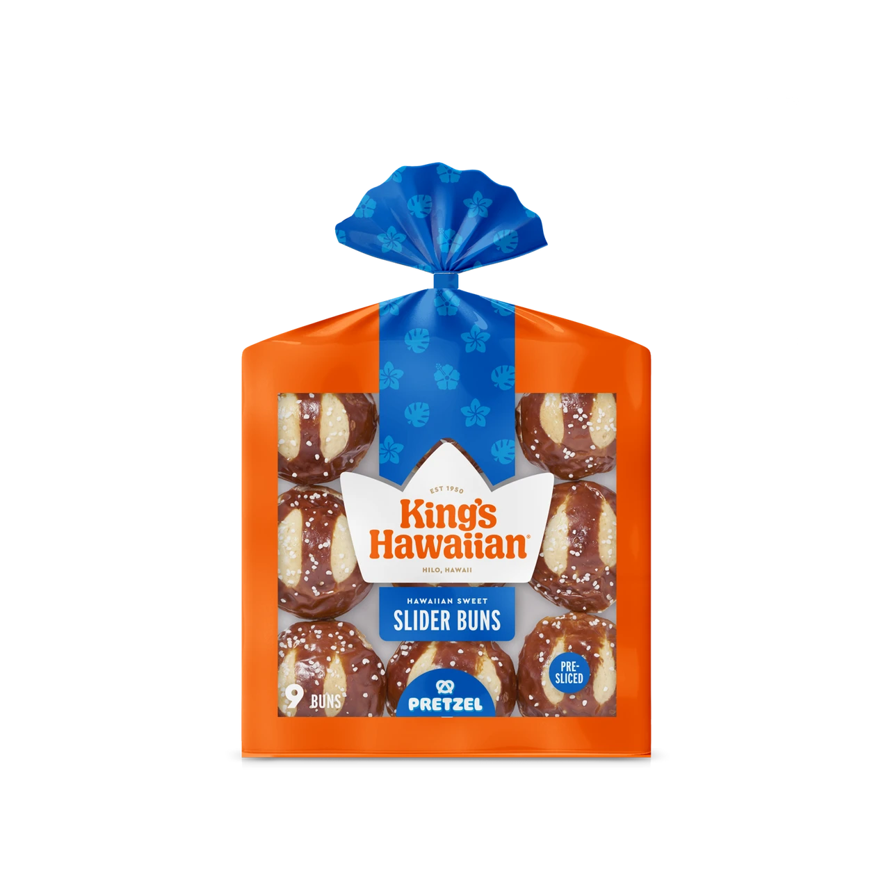 Single Package of King's Hawaiian Original Hawaiian Sweet Pretzel Pre-Sliced Slider Buns, 6ct on white background