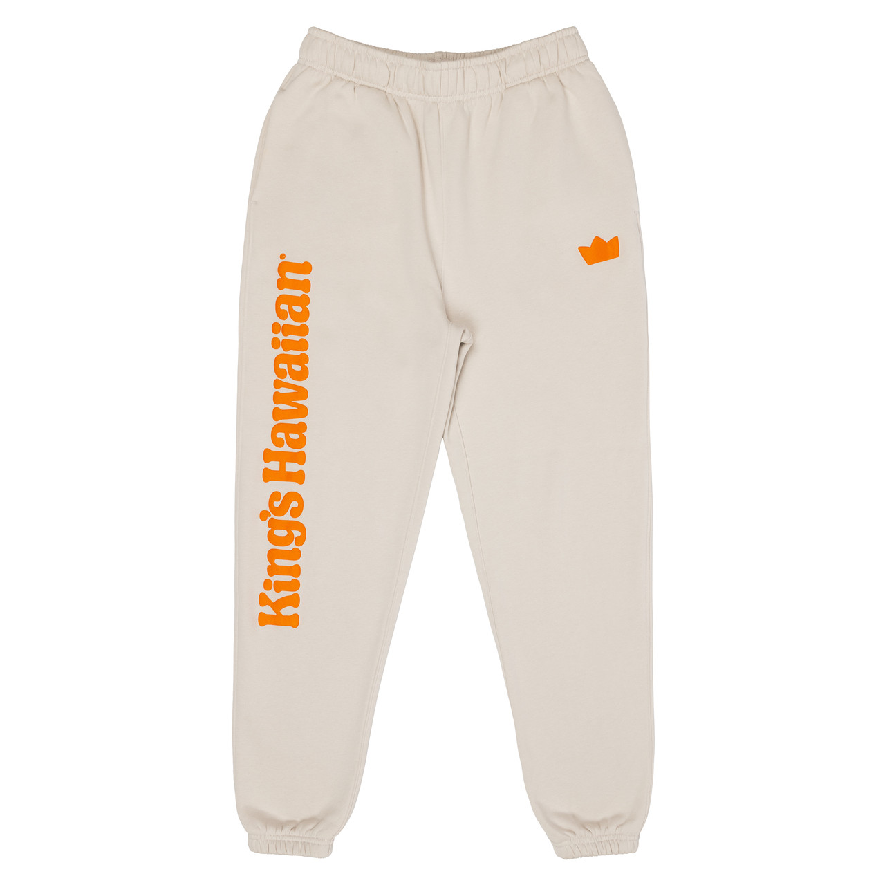 King's Hawaiian beige jogger with puff print logo graphic down the leg and crown logo near the pocket, front King's Hawaiian beige jogger with puff print logo graphic down the leg and crown logo near the pocket, front