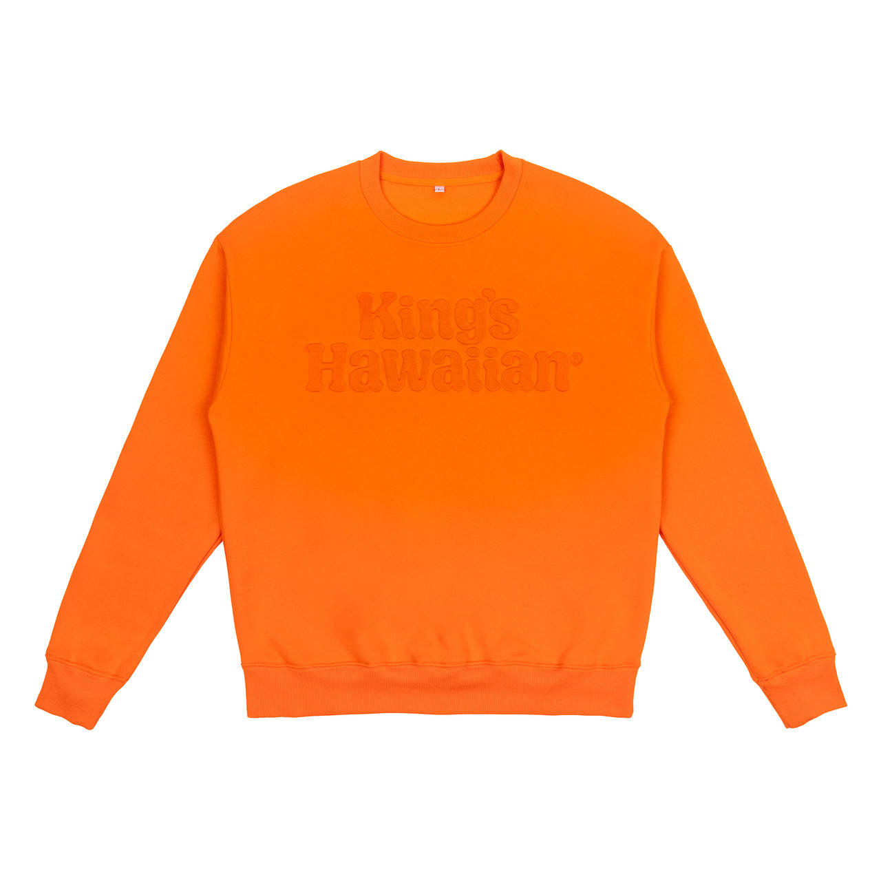 King's Hawaiian orange crewneck with embossed logo on the chest, front King's Hawaiian orange crewneck with embossed logo on the chest, front