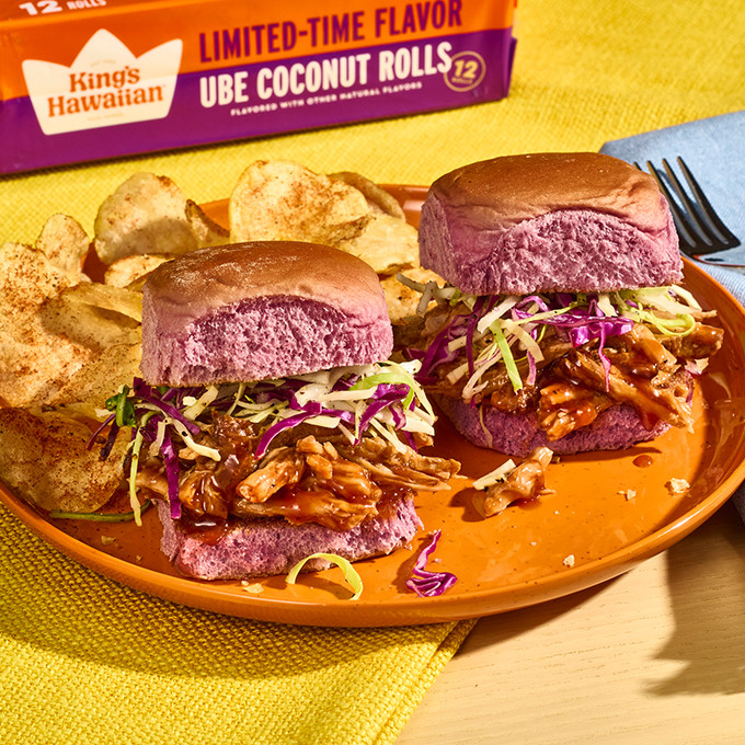 Pulled pork sliders made on King's Hawaiian ube Coconut Rolls